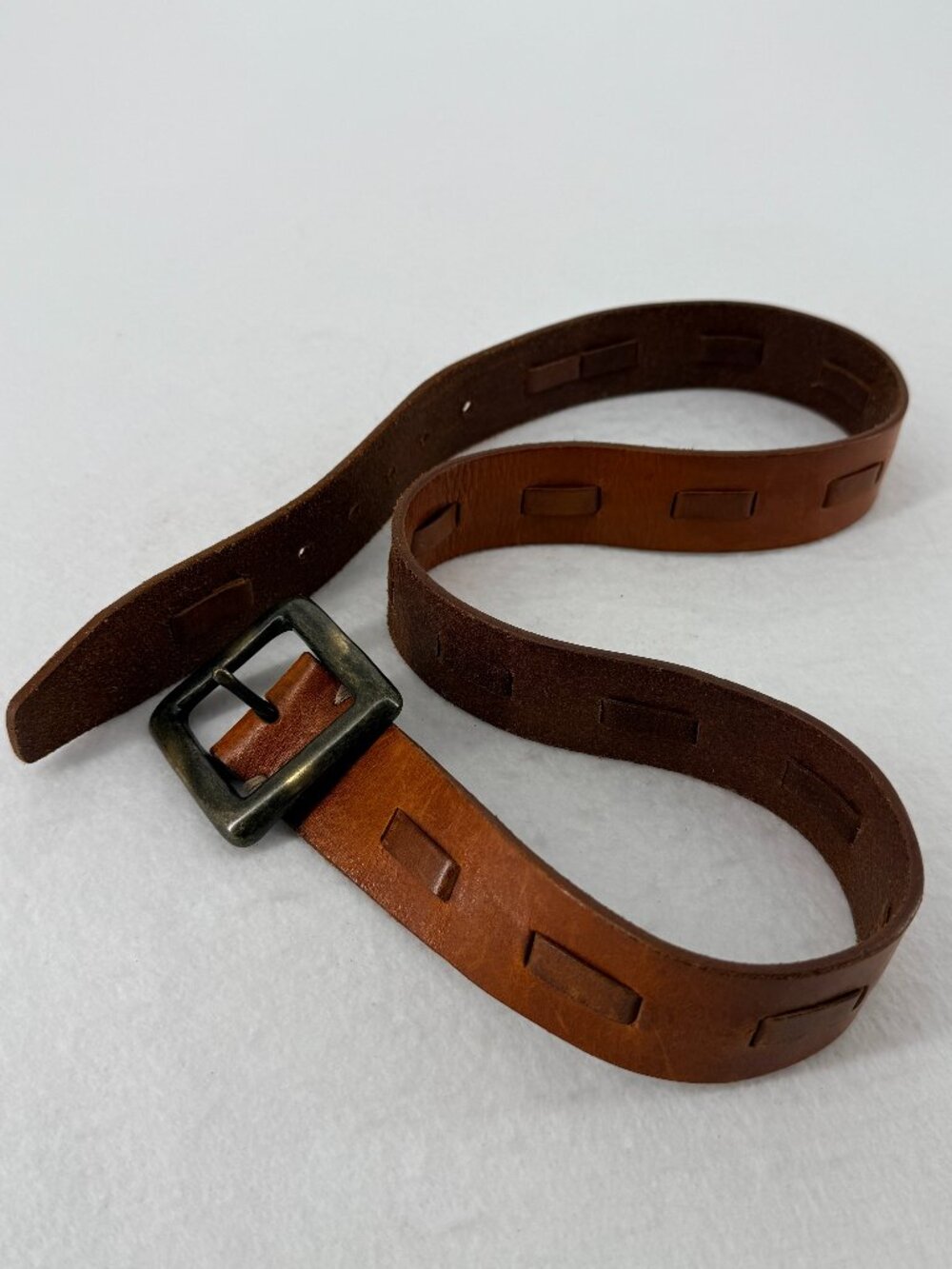 Boho Brown Leather Belt Rustic Antiqued Brass Square Buckle Slotted Strap L